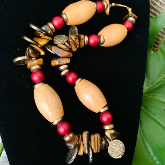 Handmade Vintage NECKLACE ⭐️GENUINE TIGERS EYE /NATURAL WOOD/COIN BEADS -NEW - Picture 2 of 5